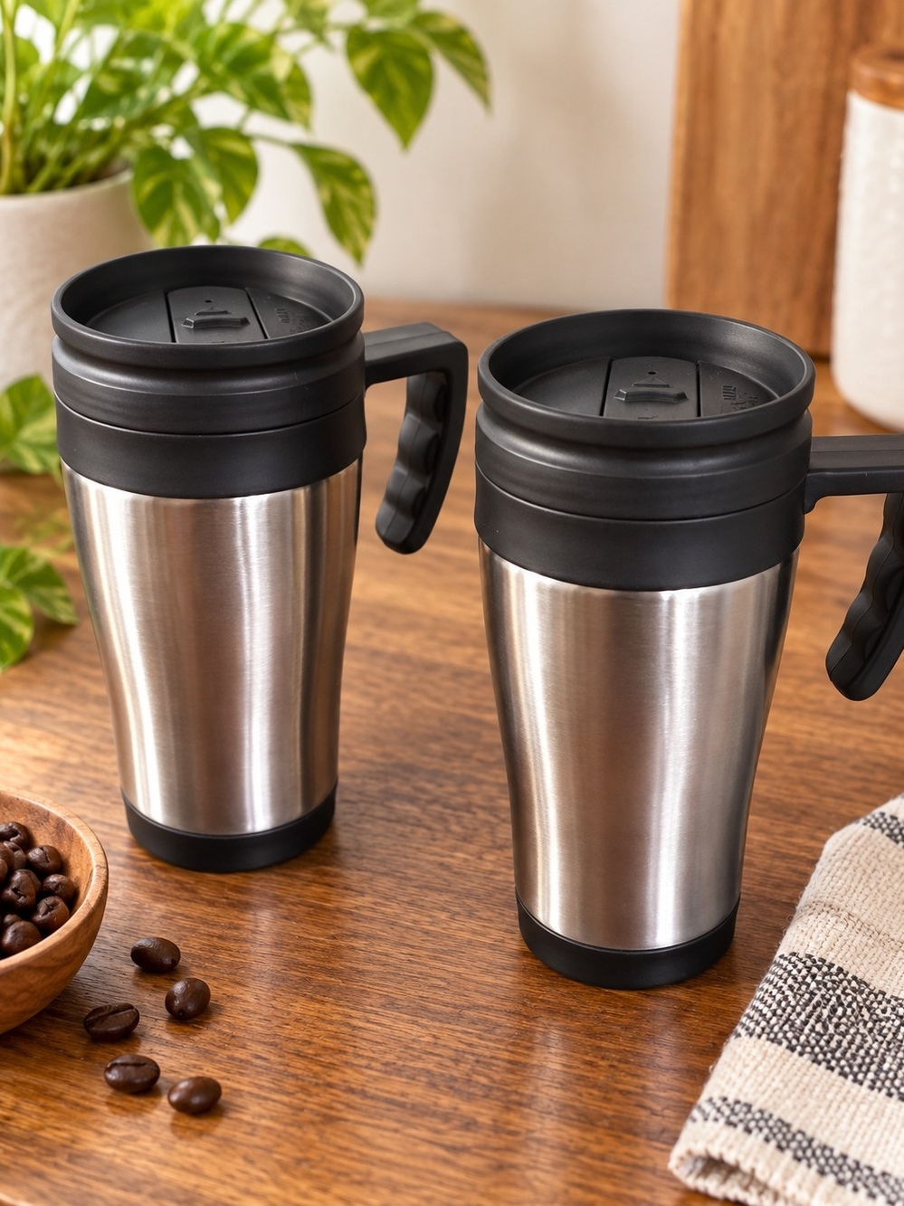 Insulated Stainless Steel Travel Mug with Black Lid and Handle (Set of 2)